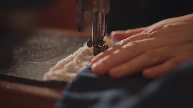 Careful sewing crafts under warm light. Artisan meticulously creating seamless stitches on navy wool trim. Skilled artisan focusing intently on sewing and finishing navy wool garment