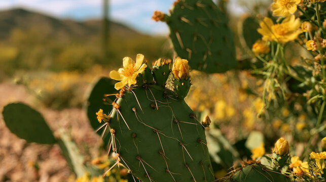 Prickly Pear Cactus Paddles with Yellow Flowers in Desert Landscape