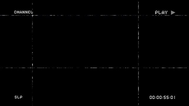 Retro VHS glitch effect with black screen and white grainy lines featuring a digital timecode and on screen display text for analog video defect and filmgrain aesthetic