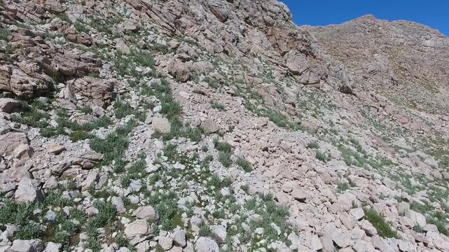 Aerial view of treeless rocky slopes across the Zagros Mountains in Iran across rugged terrain.