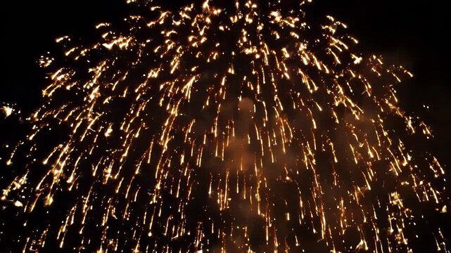 Golden fireworks burst exploding in dark night sky during festive celebration