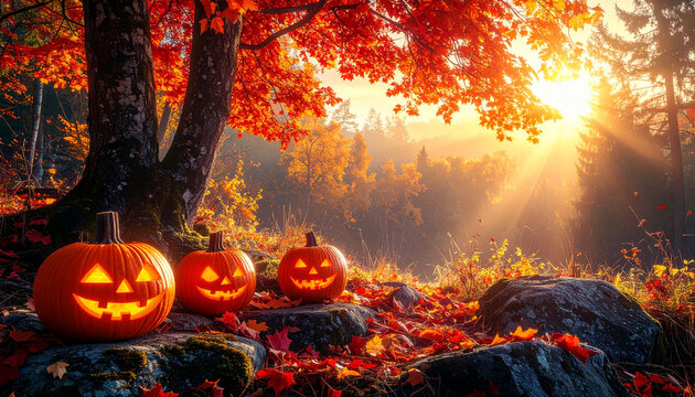 ハロウィンのジャック・オー・ランタンと紅葉した森の風景　夕日の光が差し込む秋の背景素材　落ち葉とカボチャのランタンが並ぶ幻想的なイベント用イメージ　ポスターやWebバナーの装飾に使用できるコピースペースのある秋の自然写真素材