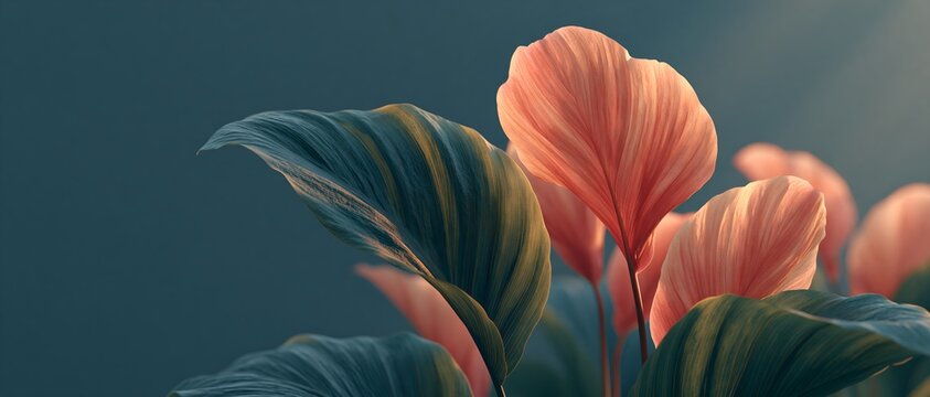 Vibrant tropical flora with warm pink blossoms and lush green foliage