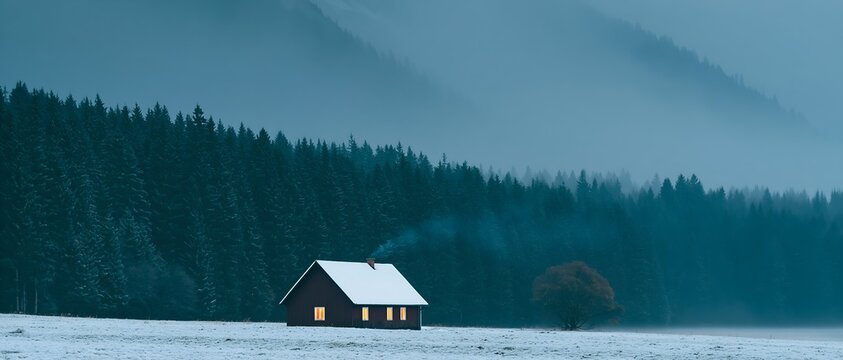 Cozy winter cabin surrounded by snow