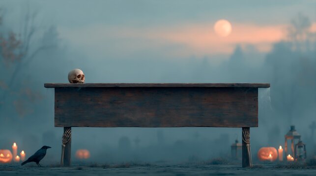 Misty dusk with eerie table, skull, and crow