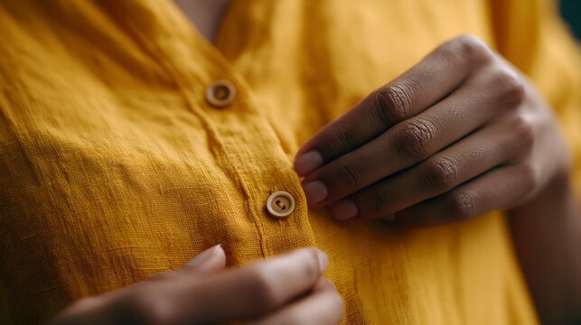 Hands buttoning a soft yellow shirt