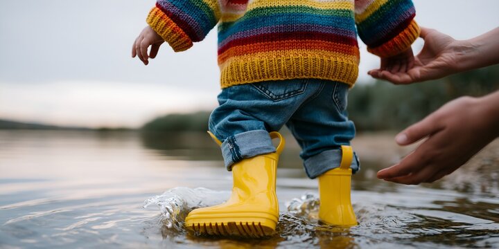 Child in rainbow sweater and yellow rain boots wades through water