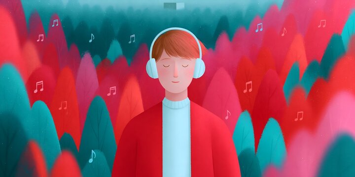 Young person wearing white headphones enjoys music