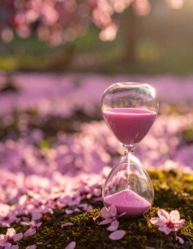満開の桜と苔の上に置かれたピンクの砂時計 過ぎ去る春の時間と幻想的な背景