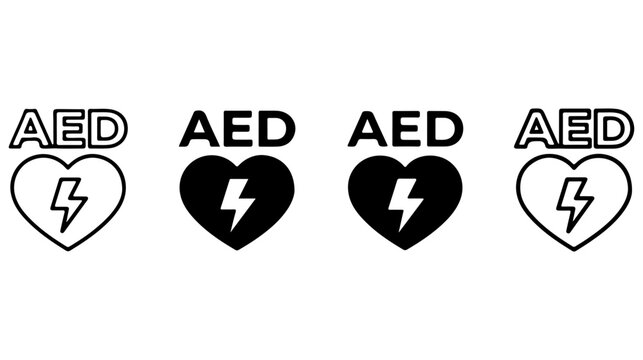 Aed heart icons with lightning symbols set for emergency medical defibrillator signage and safety design.