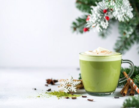 降り積もる雪のような綿花とほろ苦い抹茶ラテ コピースペースのある冬のドリンクフォト