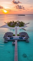 Fototapeta premium Tropical island resort features overwater bungalows connected by a wooden pier at sunset.