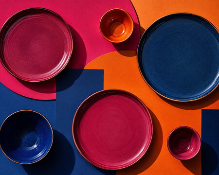 Bold colorful ceramic tableware on geometric pink and orange background
