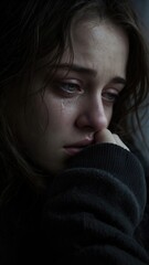 Fototapeta premium Young woman crying with tears on her face. Portrait of depressed girl feeling lonely and suffering from mental disorder. Concept of deep sadness, grief, emotional pain and isolation.