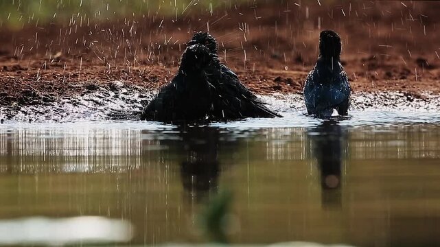 Cape Glossy Starling backlit front view bathing and splashing in waterhole in Greater Kruger National park, South Africa ; Specie Lamprotornis nitens family of Sturnidae