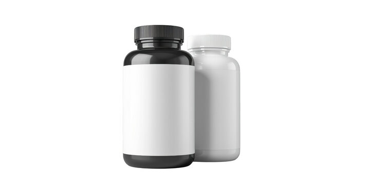 Two plastic supplement bottles with blank labels standing together isolated on a solid black studio background isolated on a transparent background