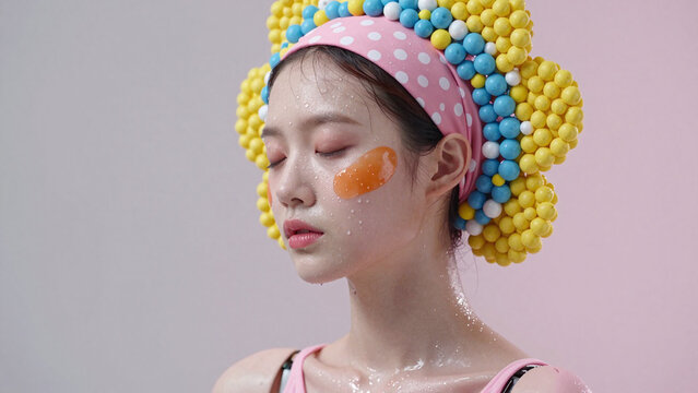 Woman with Colorful Bead Headband and Moisturizing Facial Mask