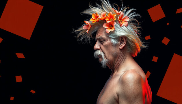 Shirtless Man with Flower Crown Against Abstract Black Background