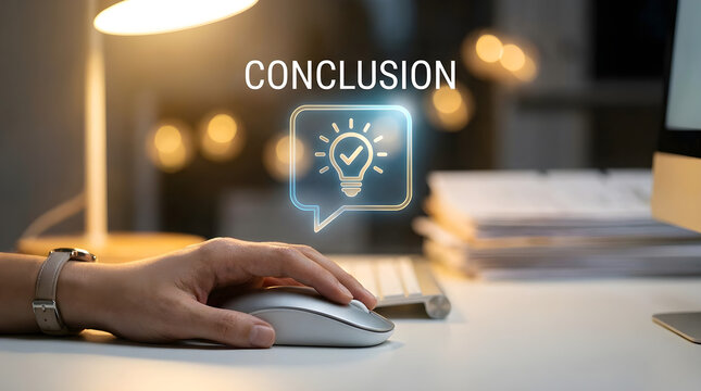Hand using computer mouse with conclusion lightbulb hologram representing business idea and decision making concept