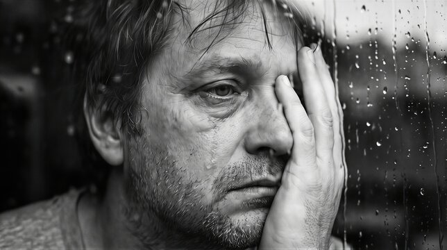 Man crying by a rainy window. Depressed male looking out through glass during a storm. Mental health struggle, emotional pain, loneliness and grief. Concept of sadness and isolation.