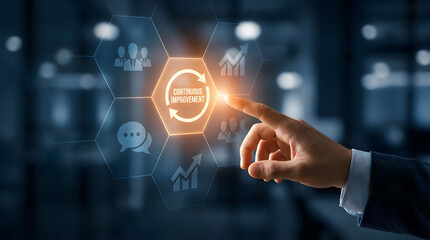 Obraz premium Businessman touching continuous improvement hologram icon representing business process optimization and growth strategy concept