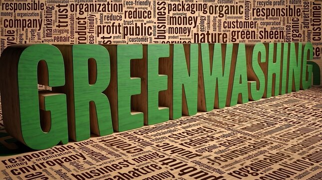 Greenwashing 3D letters on a background of business keywords