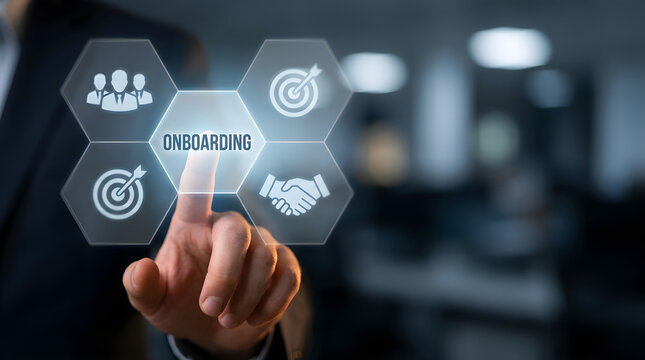 Businessman touching onboarding hologram icon with team and target icons representing employee integration and hr process concept
