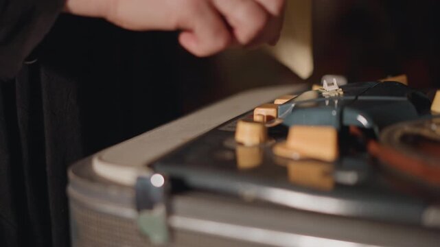Closeup hands unlocking vintage tape case, archivist turns small latch on metal recorder, warm ambient light highlights yellowed knobs and leather strap, careful restoration in intimate workshop.