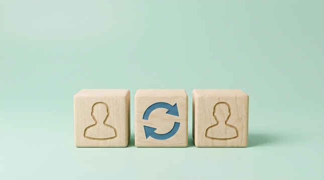 Two wooden blocks with person icons and refresh arrows representing employee turnover and workforce change management concept