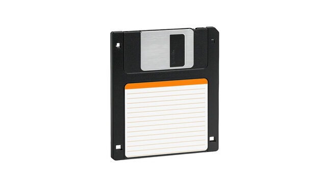 Vintage 3.5 inch floppy disk with white label for data storage isolated on a plain black background studio isolated on a transparent background