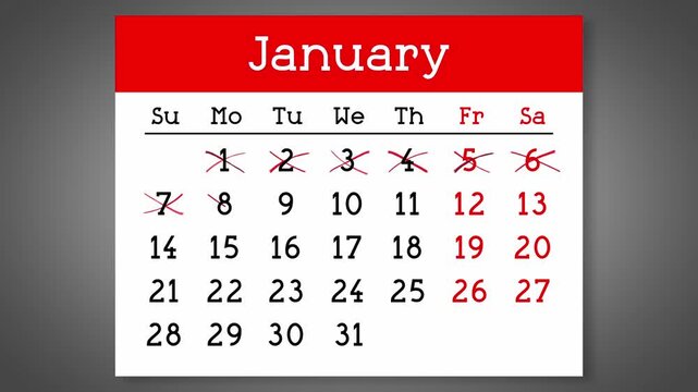 Calendar page for January with days crossed out - 4k animation (3840 x 2160 px)