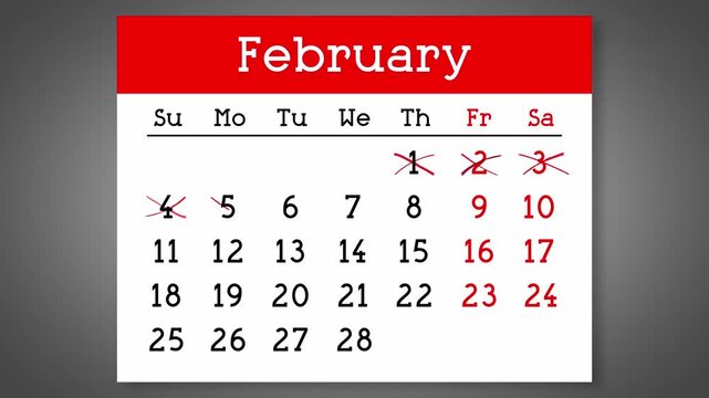 Calendar page for February with days crossed out - 4k animation (3840 x 2160 px)