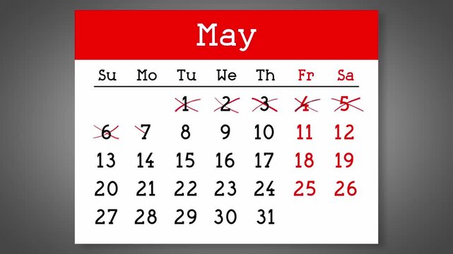 Calendar page for May with days crossed out - 4k animation (3840 x 2160 px)