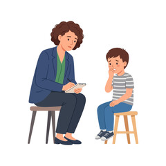 Fototapeta premium Professional Psychologist Consulting With An Anxious Young Boy During A Therapy Session