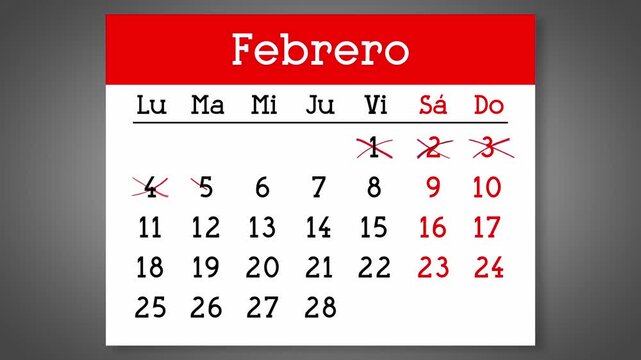 Calendar page for Spanish February with days crossed out - 4k animation (3840 x 2160 px)
