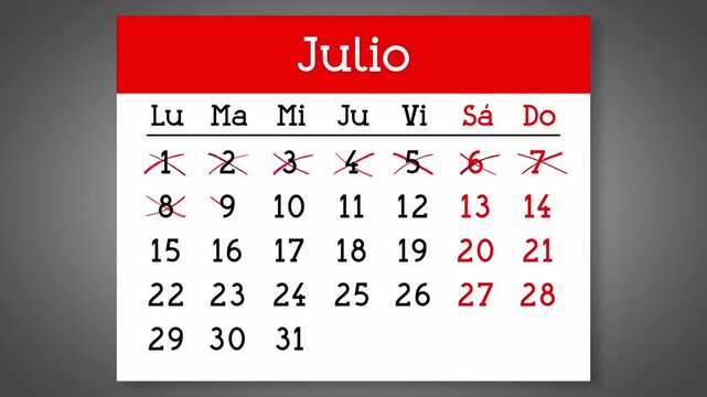 Calendar page for Spanish July with days crossed out - 4k animation (3840 x 2160 px)