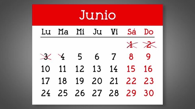 Calendar page for Spanish June with days crossed out - 4k animation (3840 x 2160 px)