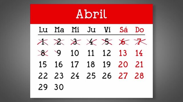 Calendar page for Spanish April with days crossed out - 4k animation (3840 x 2160 px)