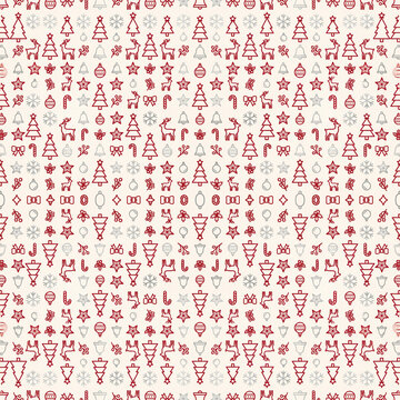 A seamless festive Christmas pattern featuring tiny red and silver line icons of trees reindeer snowflakes bells and ornaments organized neatly across a light background