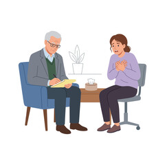 Fototapeta premium Anxious Young Woman Discussing Emotional Stress and Mental Health Issues with a Professional Psychologist in a Therapy Session