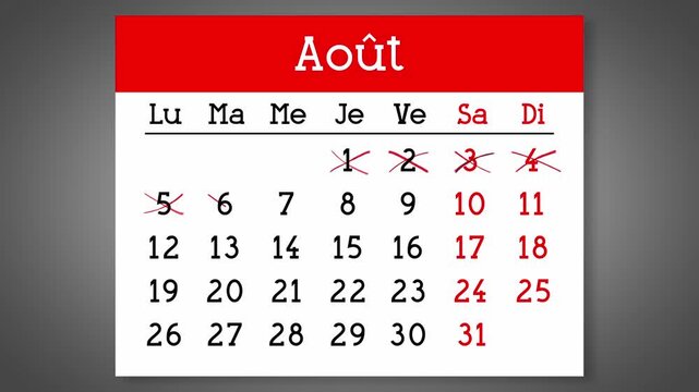 Calendar page for French August with days crossed out - 4k animation (3840 x 2160 px)