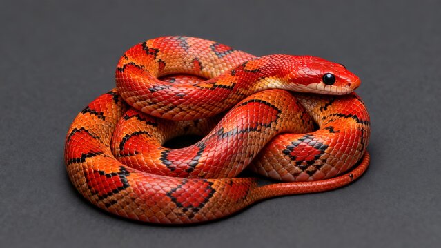 Full body shot of a red-orange corn snake coiled on a dark charcoal background