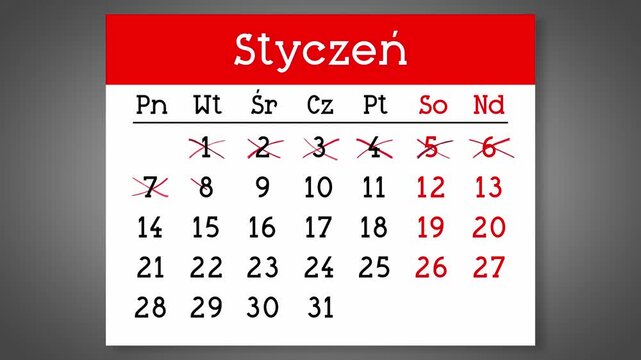 Calendar page for Polish January with days crossed out - 4k animation (3840 x 2160 px)