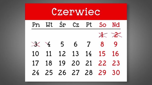 Calendar page for Polish June with days crossed out - 4k animation (3840 x 2160 px)