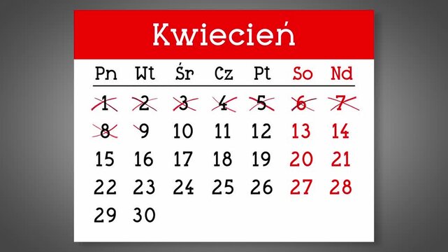 Calendar page for Polish April with days crossed out - 4k animation (3840 x 2160 px)
