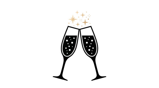 Elegant black and gold champagne glasses clinking together representing celebration and festive holiday party joy tonight