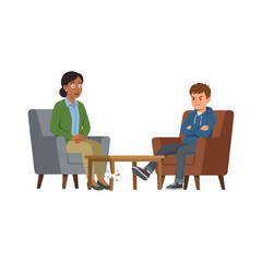 Obraz premium Professional Child Psychologist Conducting a Therapy Session with an Angry and Defiant Young Boy in a Clinical Office
