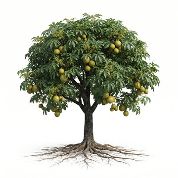 White Sapote tree, mature full tree bearing smooth green-yellow white sapote fruits, exposed visible roots, 11 ratio, isolated on seamless pure white background