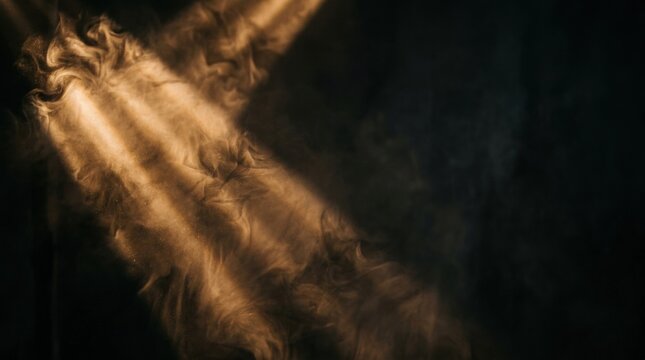 Golden light beam cutting through thick dark smoke. Dramatic illumination in hazy atmosphere. Mysterious abstract background for creative design projects and moody visual storytelling.