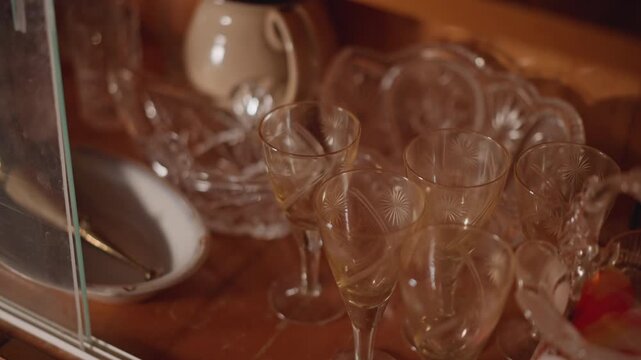 Petite cordial glasses in wooden cabinet, curator arranges clustered crystal stems beside porcelain teapot and bowls, soft amber light emphasizes fragile ornate detail and reflective shimmer
